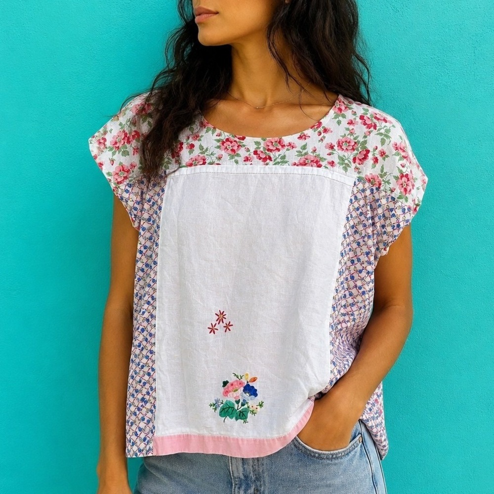 Vintage White Linen Patchwork Top Cottagecore Floral Large OOAK Embroidered Boho